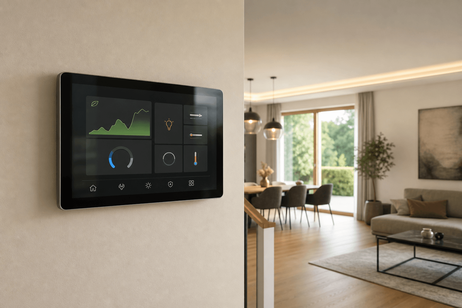 Smart Home Dashboard in einem modernen Wohnraum