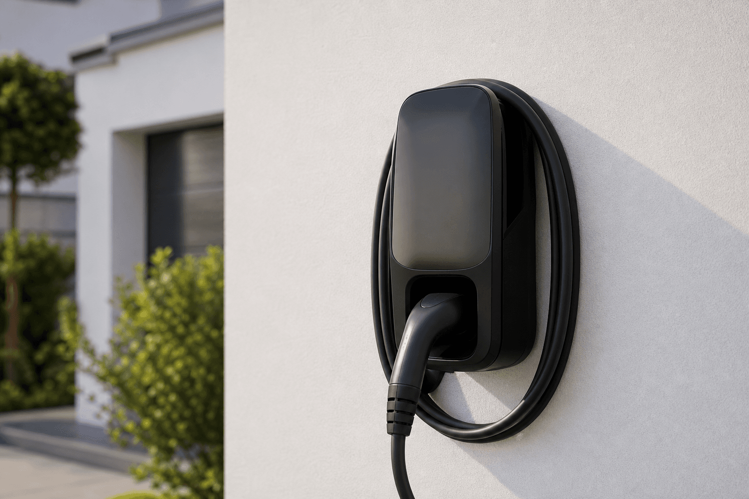 Installierte Wallbox an einer Hauswand