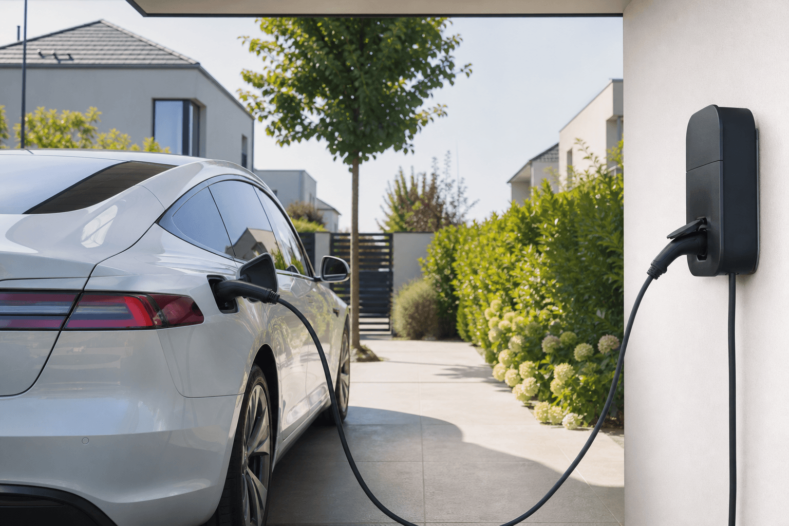 E-Auto lädt an Wallbox zu Hause